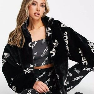 Adidas black fluffy jacket Clearance